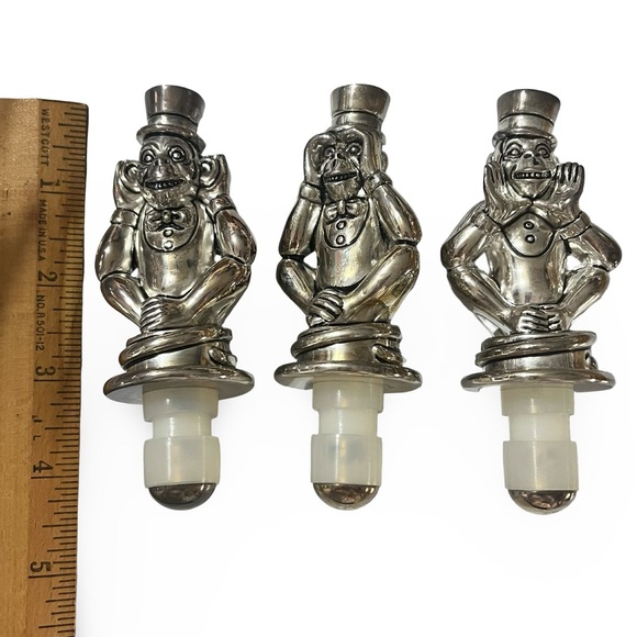 Silver Plated “See no evil, hear no evil, speak no evil” Monkey Wine Stoppers - Picture 3 of 5